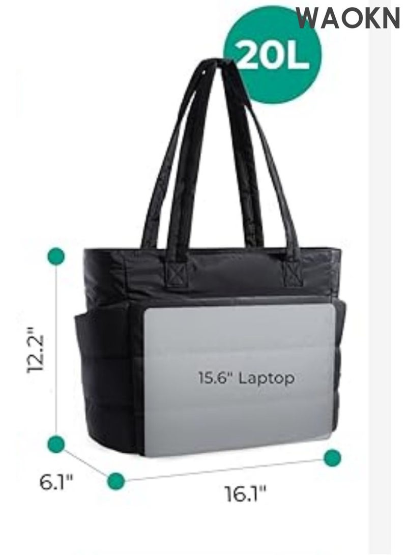 WAOKN Tote Bag for Women and men , Lightweight Puffy Tote Bag with Compartments Shoulder Bag Handbag , suitable for Travel , Work , Gym , Lightweight , Puffy , Quilted , for Travel , Work , unisex , black. - Image 3